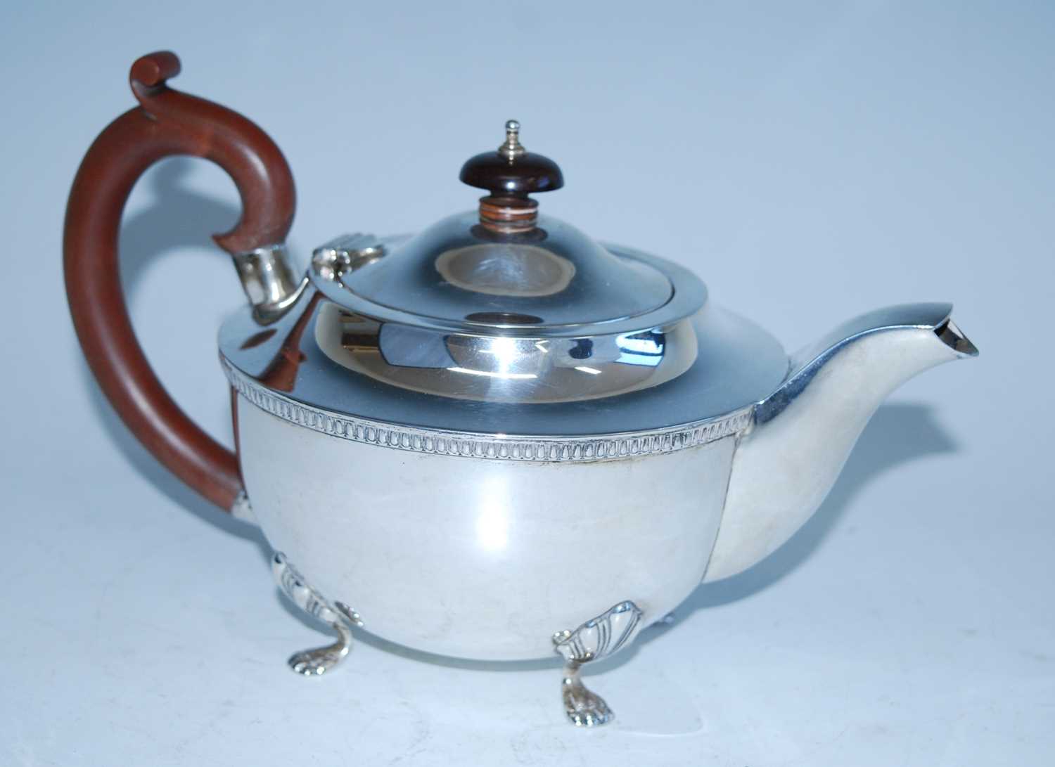 A mid-20th century silver four-piece tea set, comprising teapot, hot water pot, sugar and cream, - Image 2 of 10