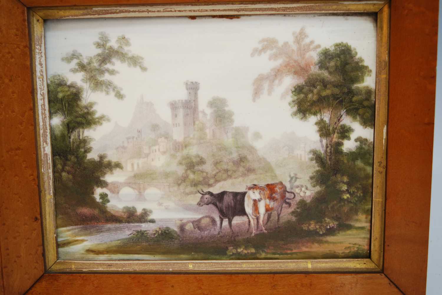 Pair; Cattle watering on a riverbank with castle beyond, prints on opaque porcelain, late 19th - Image 4 of 5