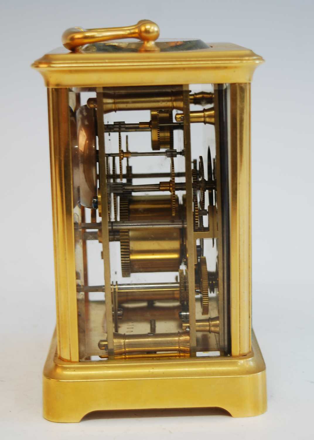 A late 19th century French lacquered brass carriage clock with alarm, having white enamel Roman dial - Image 6 of 6