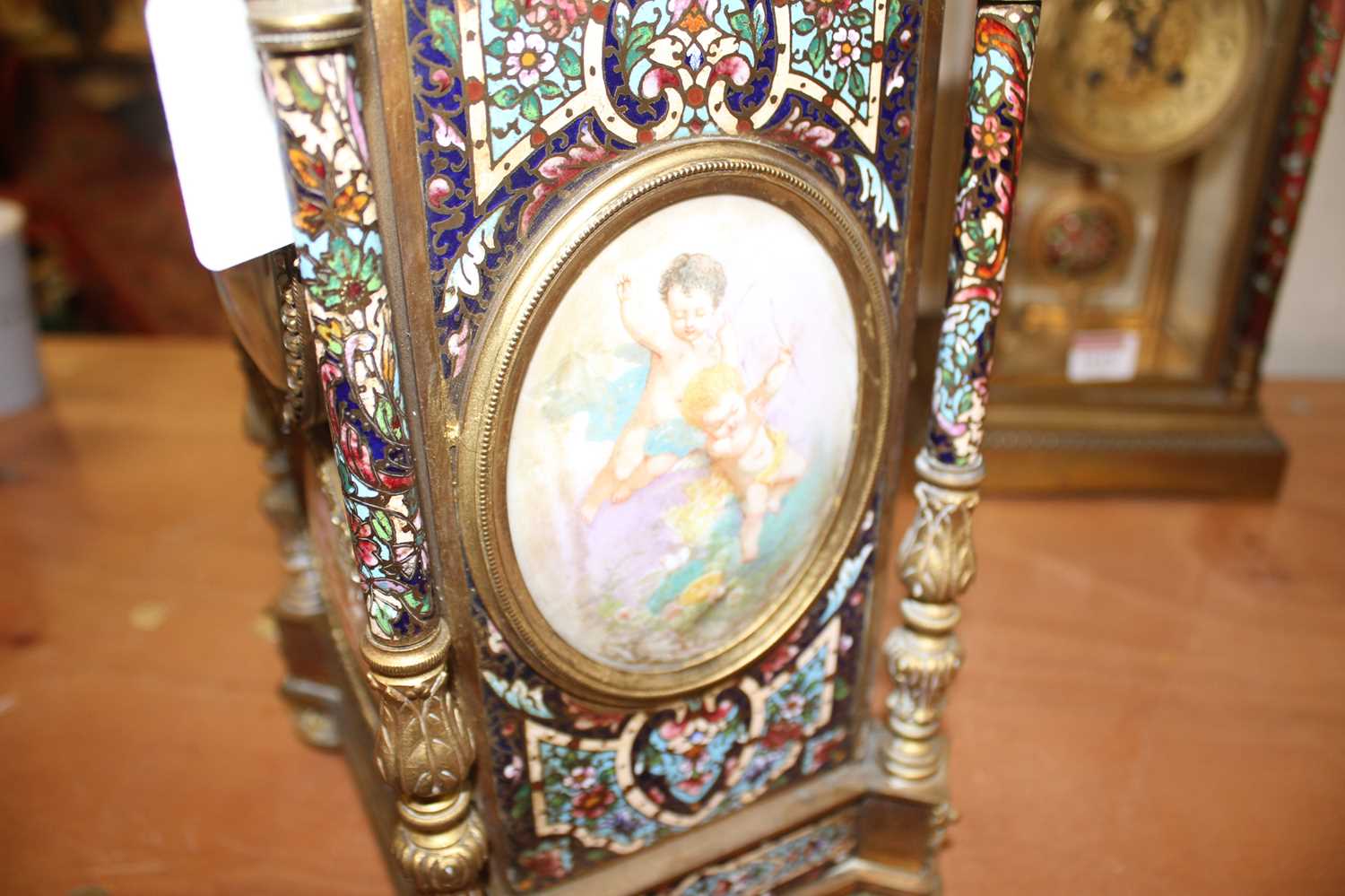 An early 20th century French ormolu and champleve enamel mantel clock, the convex white enamel Roman - Image 18 of 18