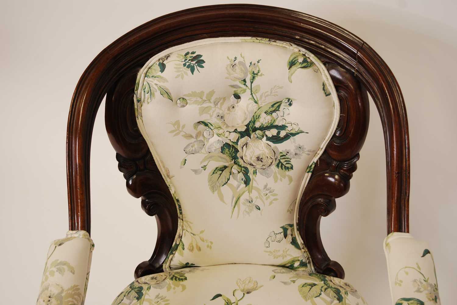 A Victorian floral carved mahogany showframe parlour tub chair, floral buttonback upholstered, - Image 2 of 4