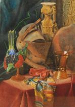 William John Wainwright (1855-1931) - Still life with rusty helmet, parrot and shawl, watercolour,