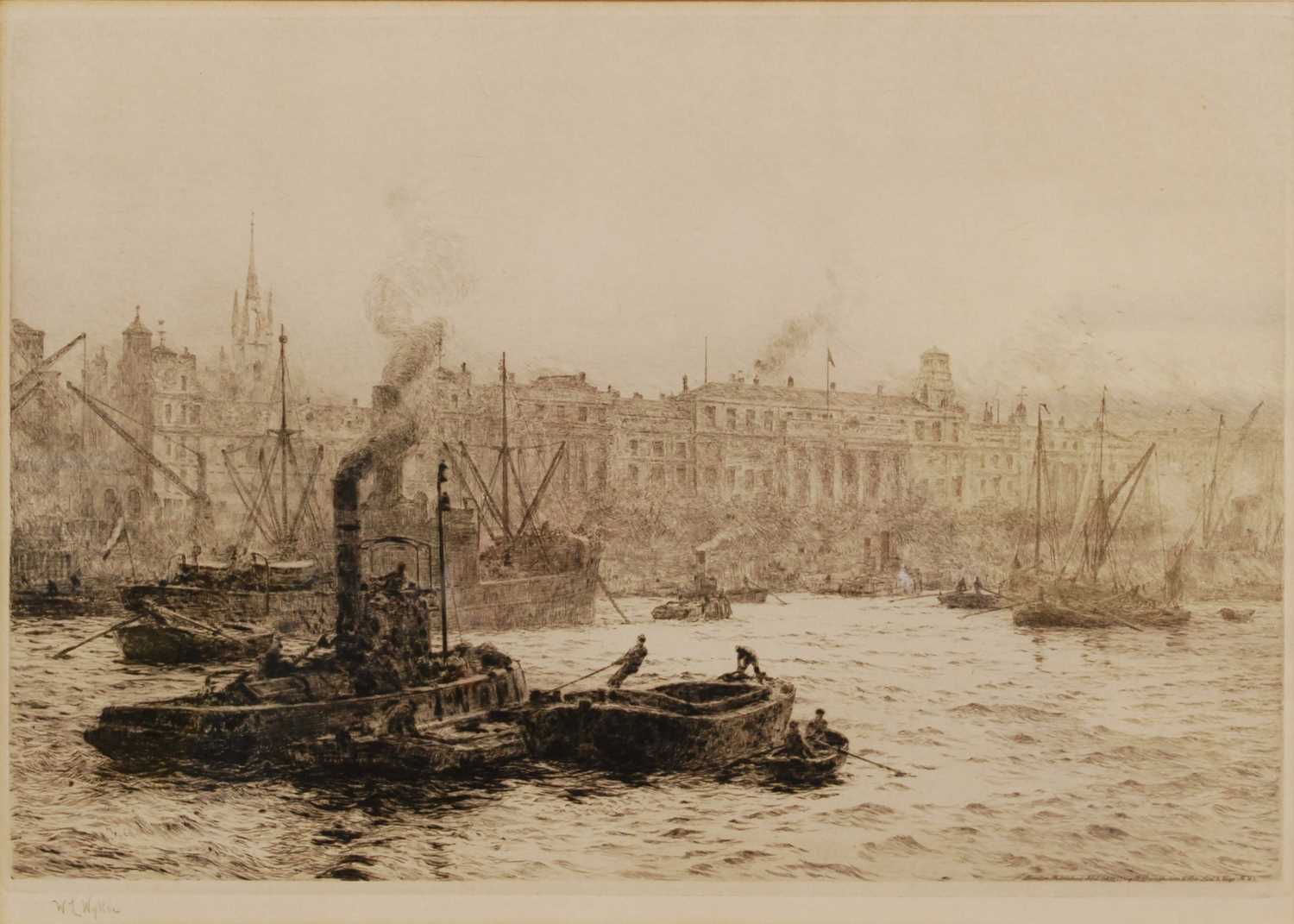 William Lionel Wyllie (1851-1931) - Billingsgate and the Custom House, drypoint etching, signed in