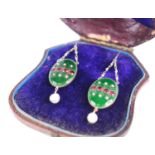 A pair of circa 1920s 9ct gold and guilloche enamel ear pendants, each on shepherd's crook fittings,