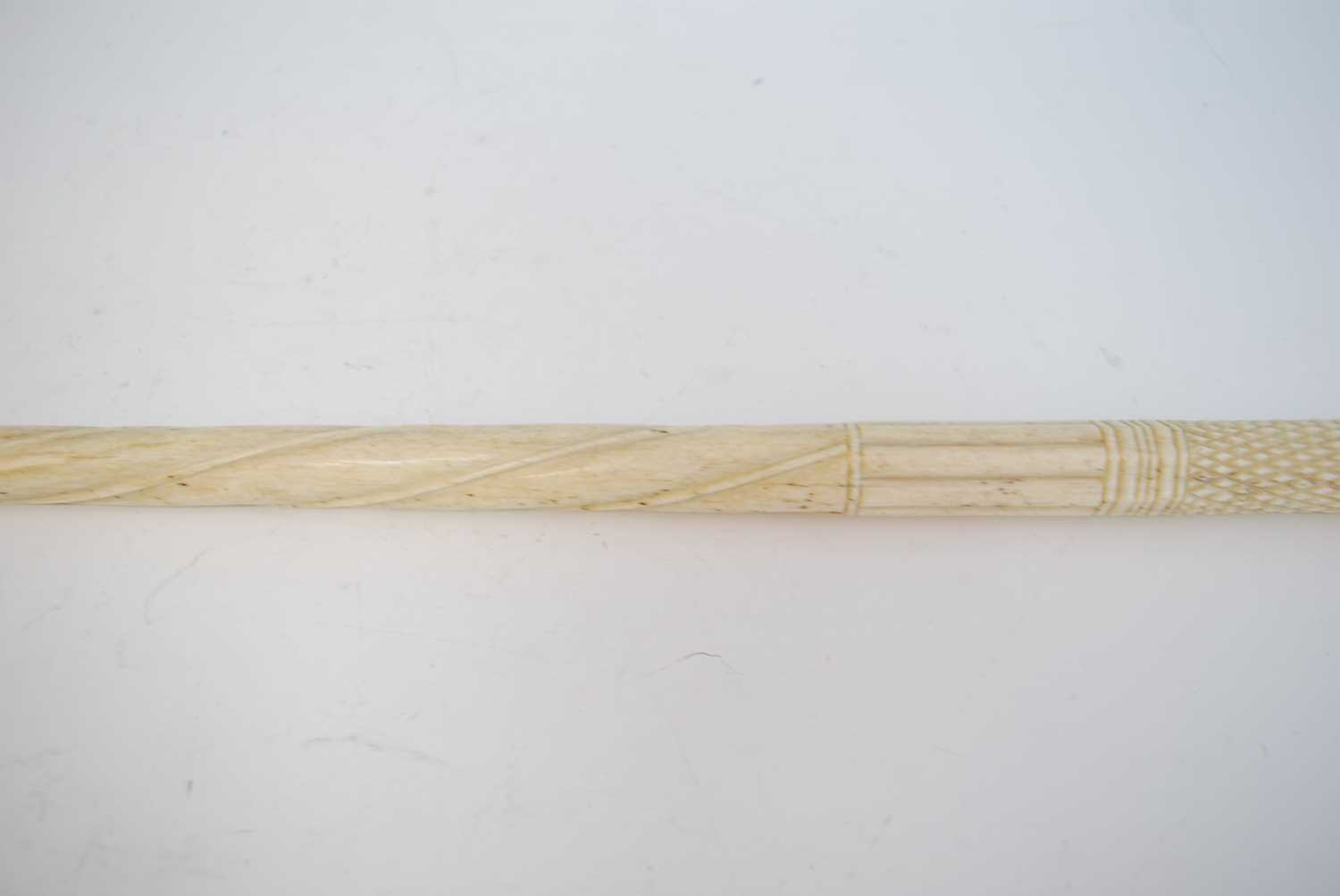 A 19th century narwhal tusk carved walking stick, the shaft carved with reeded top section and - Bild 7 aus 8