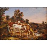 Attributed to James Ward RA (1769-1859) - Cattle watering in a landscape, oil on oak panel, 14.5 x