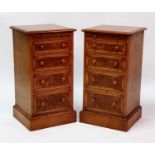 A pair of Victorian style walnut and figured walnut bedside chests, each having a brushing slide