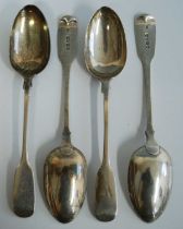 A set of four Victorian silver tablespoons, in the Fiddle pattern with initialled W to the