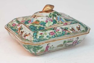A 19th century Chinese Canton famille verte porcelain tureen, the ogee lid having gilt fruit handle,