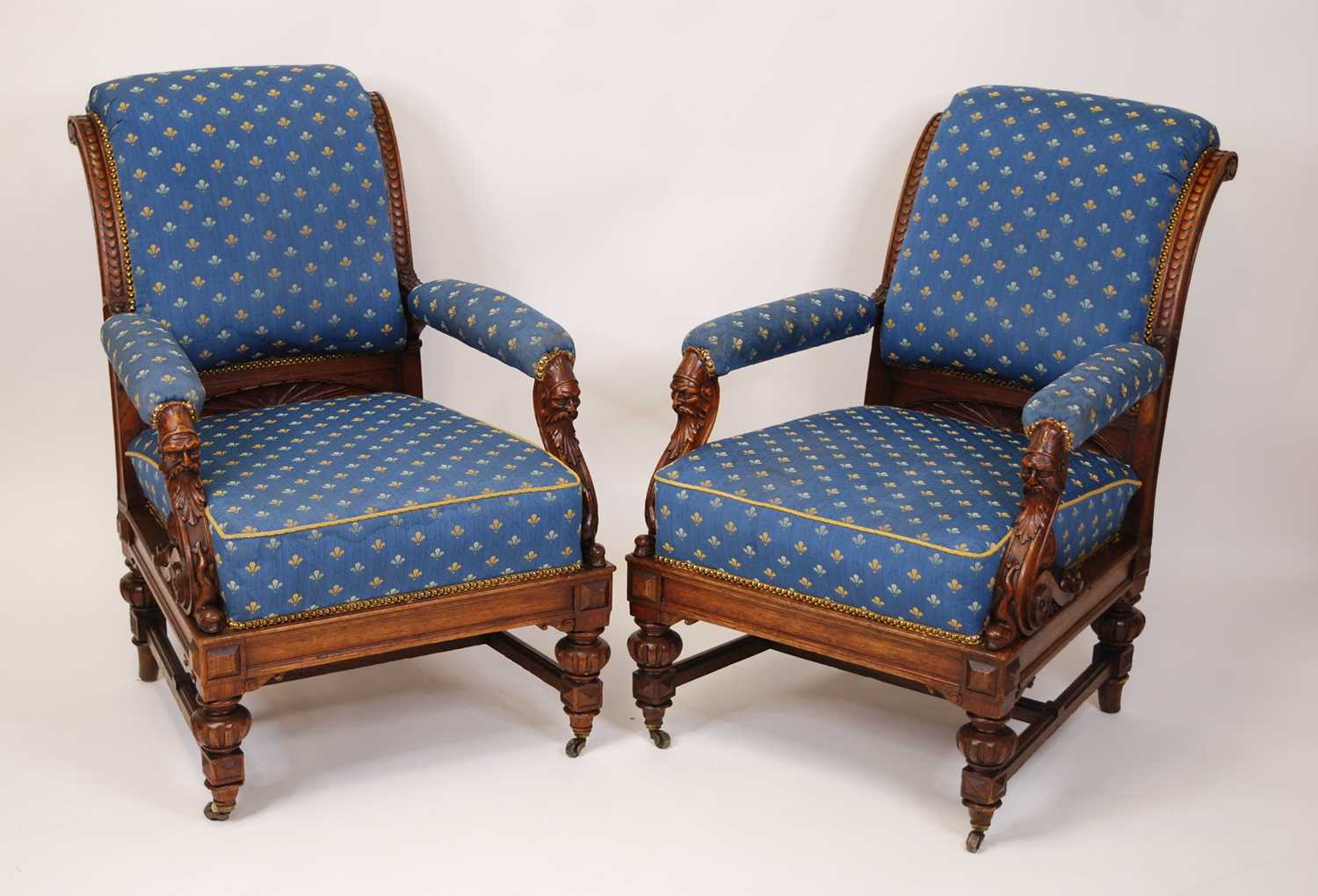 A late Victorian heavily carved oak framed three-piece parlour suite, comprising; three-seater - Image 5 of 7