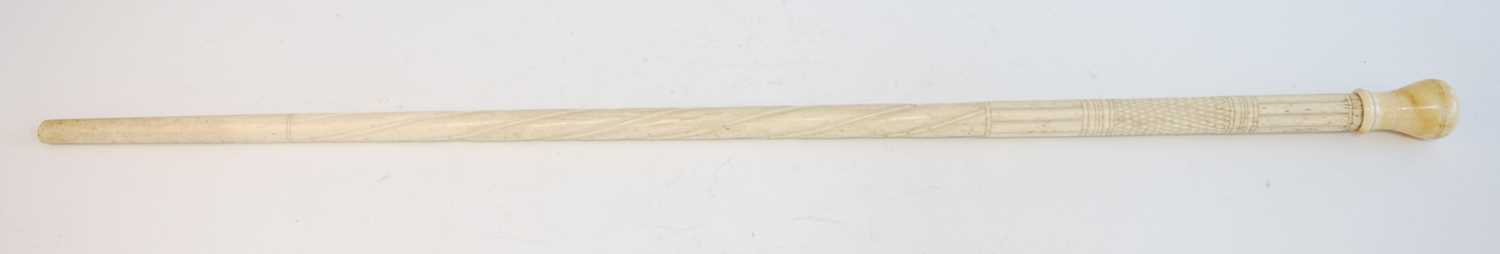 A 19th century narwhal tusk carved walking stick, the shaft carved with reeded top section and - Bild 4 aus 8