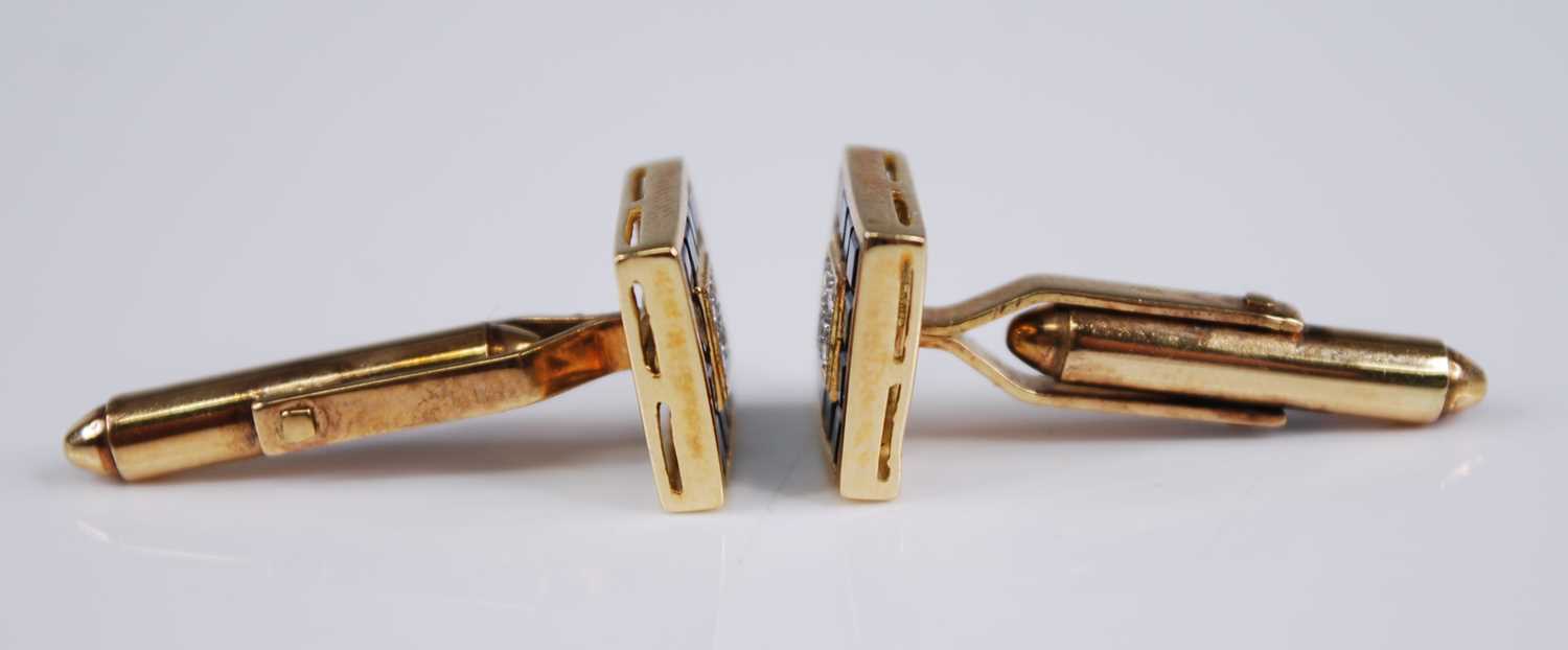 A pair of Far Eastern yellow metal, sapphire and diamond gent's cufflinks, the square settings - Image 3 of 5
