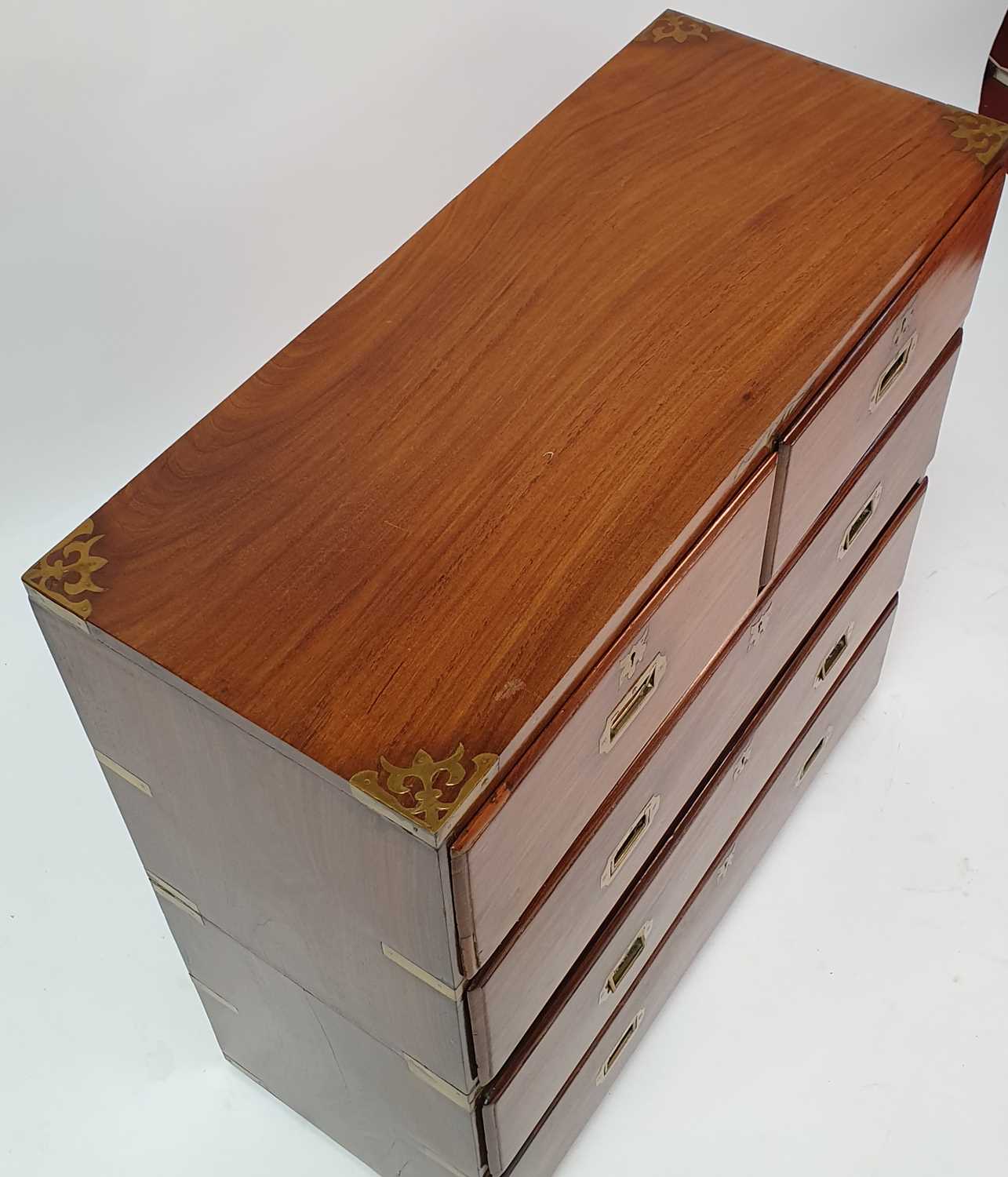 A late 19th century brass bound teak campaign chest, of two short and three long drawers, with brass - Bild 2 aus 3