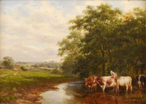 Dixon Clark (1849-1944) - Cattle watering, oil on canvas, signed and dated 1887 lower left, 30 x