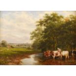 Dixon Clark (1849-1944) - Cattle watering, oil on canvas, signed and dated 1887 lower left, 30 x