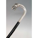 An early 20th century walking stick, the continental silver handle in the form of a leopard's