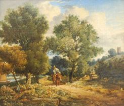 Attributed to John Joseph Cotman (1814-1878) - Traveller with donkey on a riverside path, oil on