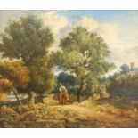 Attributed to John Joseph Cotman (1814-1878) - Traveller with donkey on a riverside path, oil on