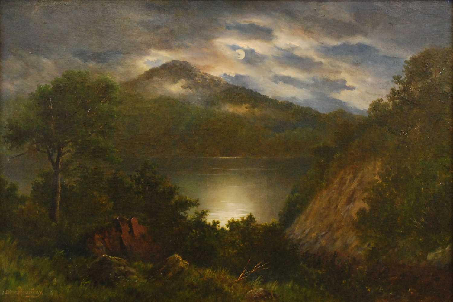 John Elder Moultray (1865-1922) - A moonlit mountain loch scene, oil on canvas, signed lower left,