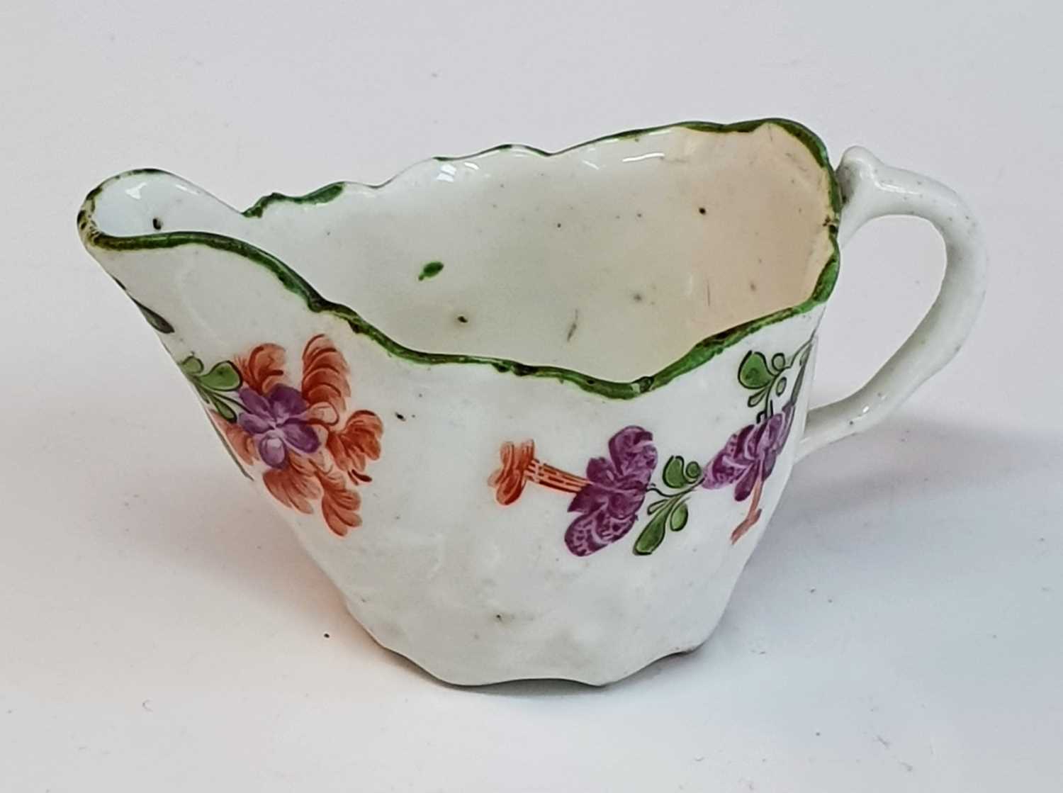 A circa 1780 Lowestoft porcelain 'Chelsea ewer' sauce boat, enamel decorated by 'The Tulip Painter', - Image 2 of 3