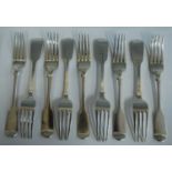 A matched set of nine Victorian silver dessert forks, in the Fiddle pattern, comprising 6x