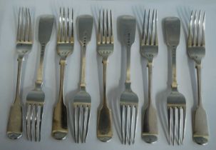 A matched set of nine Victorian silver dessert forks, in the Fiddle pattern, comprising 6x