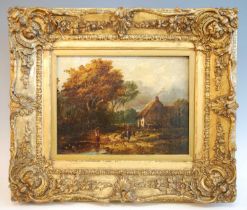 19th century English school - Rural scene with figures before a thatched cottage, oil on canvas,
