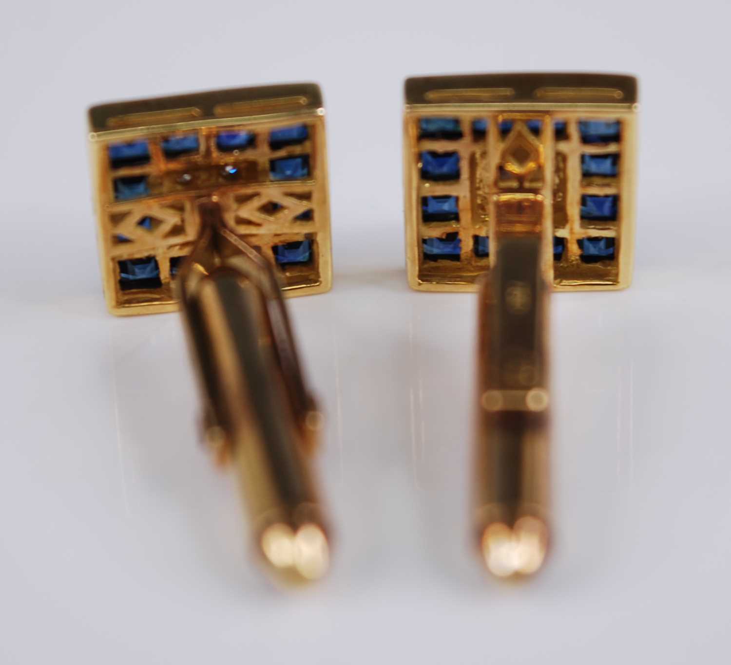 A pair of Far Eastern yellow metal, sapphire and diamond gent's cufflinks, the square settings - Image 4 of 5