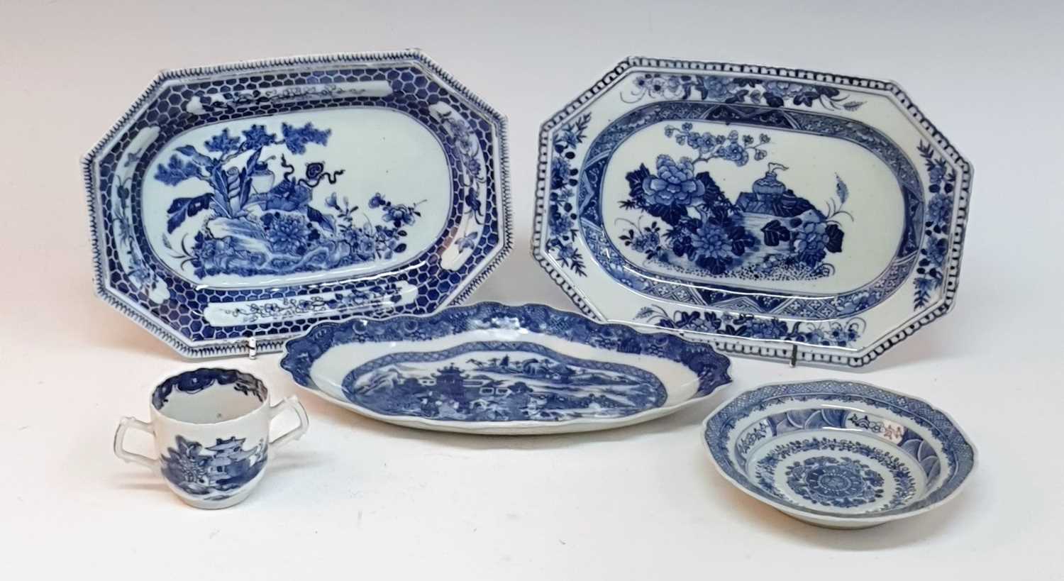 A collection of 18th century Chinese blue and white porcelain, to include a near pair of octagonal