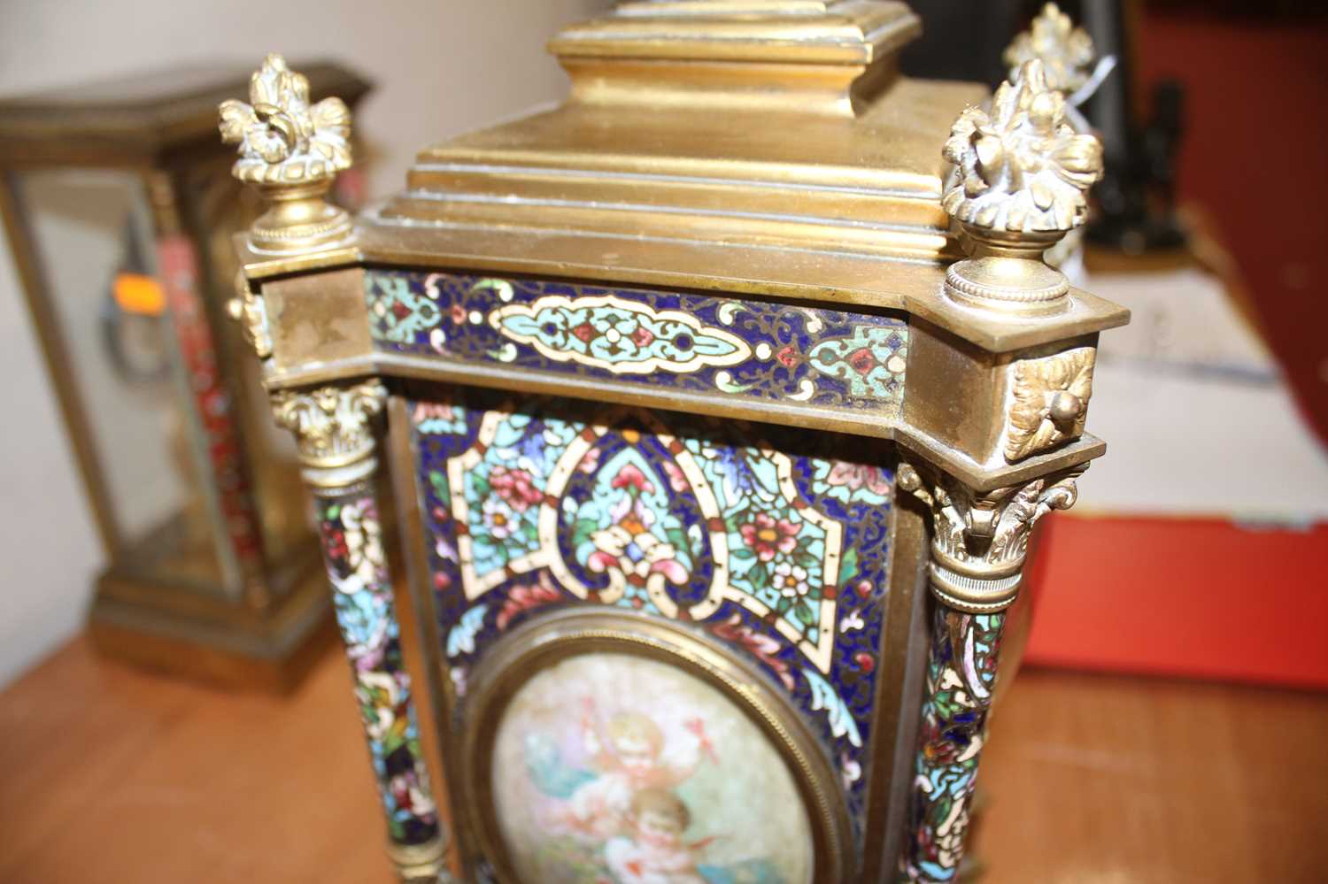 An early 20th century French ormolu and champleve enamel mantel clock, the convex white enamel Roman - Image 10 of 18