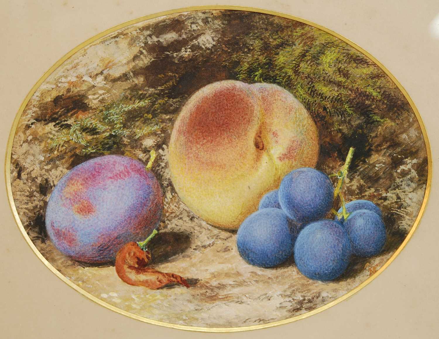 Late 19th century English school - Pair; Studies of fruit on a mossy bank, watercolours heightened - Image 2 of 5