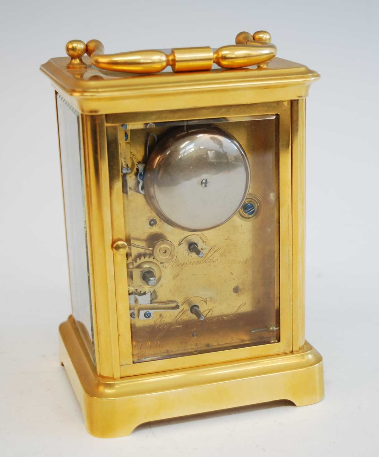 A late 19th century French lacquered brass carriage clock with alarm, having white enamel Roman dial - Image 5 of 6