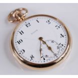 A gent's Rolex 9ct gold cased open faced pocket watch, having a signed white enamel Arabic dial with