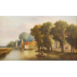 19th century Norwich school - Boats and barges on The Broads, oil on panel, 27 x 46cm