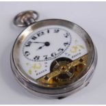 A French silver cased Hebdomas style gent's pocket watch, having white enamel Arabic dial with