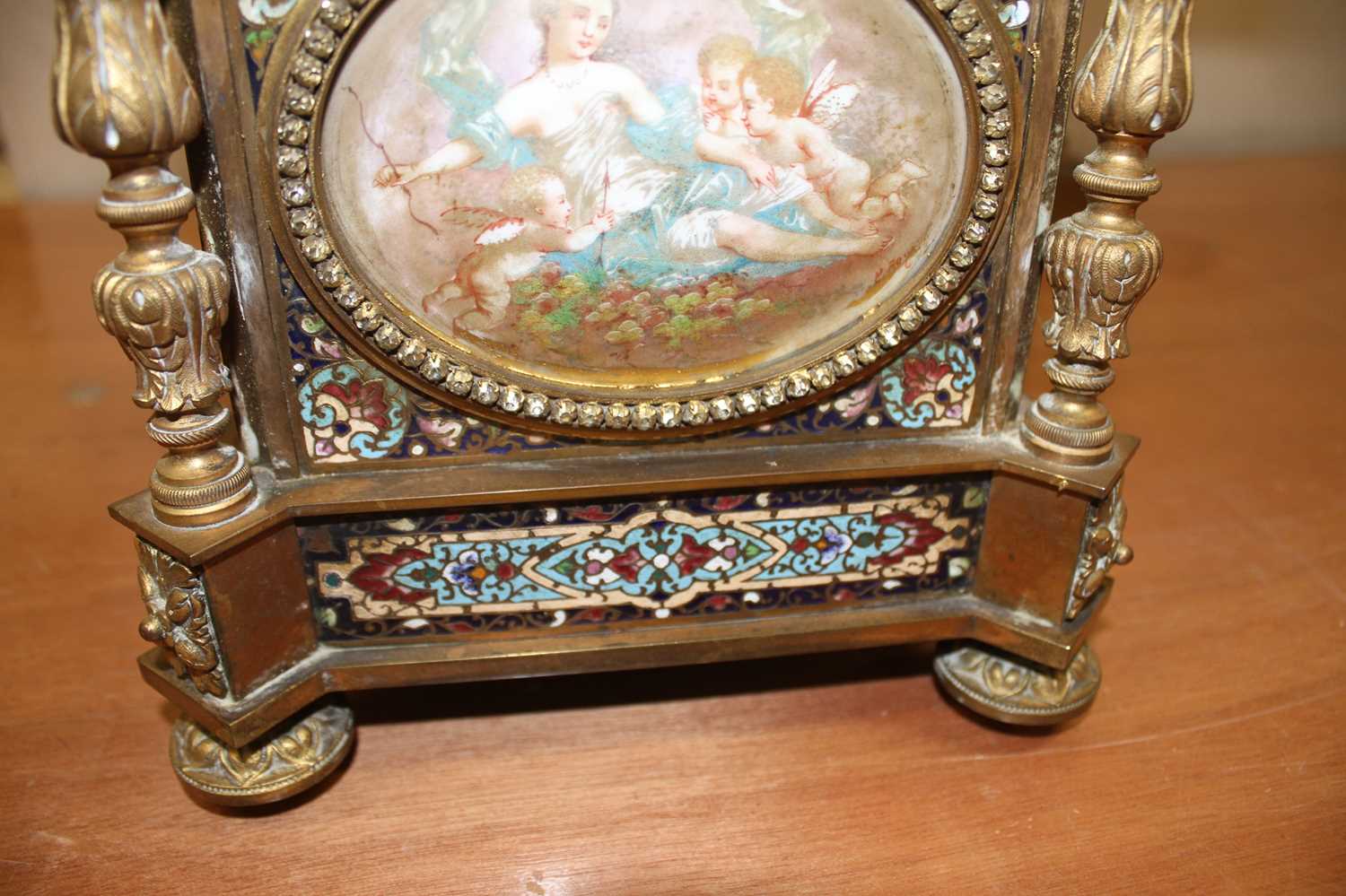An early 20th century French ormolu and champleve enamel mantel clock, the convex white enamel Roman - Image 12 of 18
