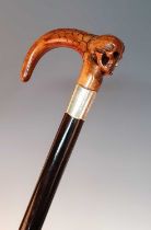 An early 20th century walking stick, having a carved yew handle in the form of a female head, half