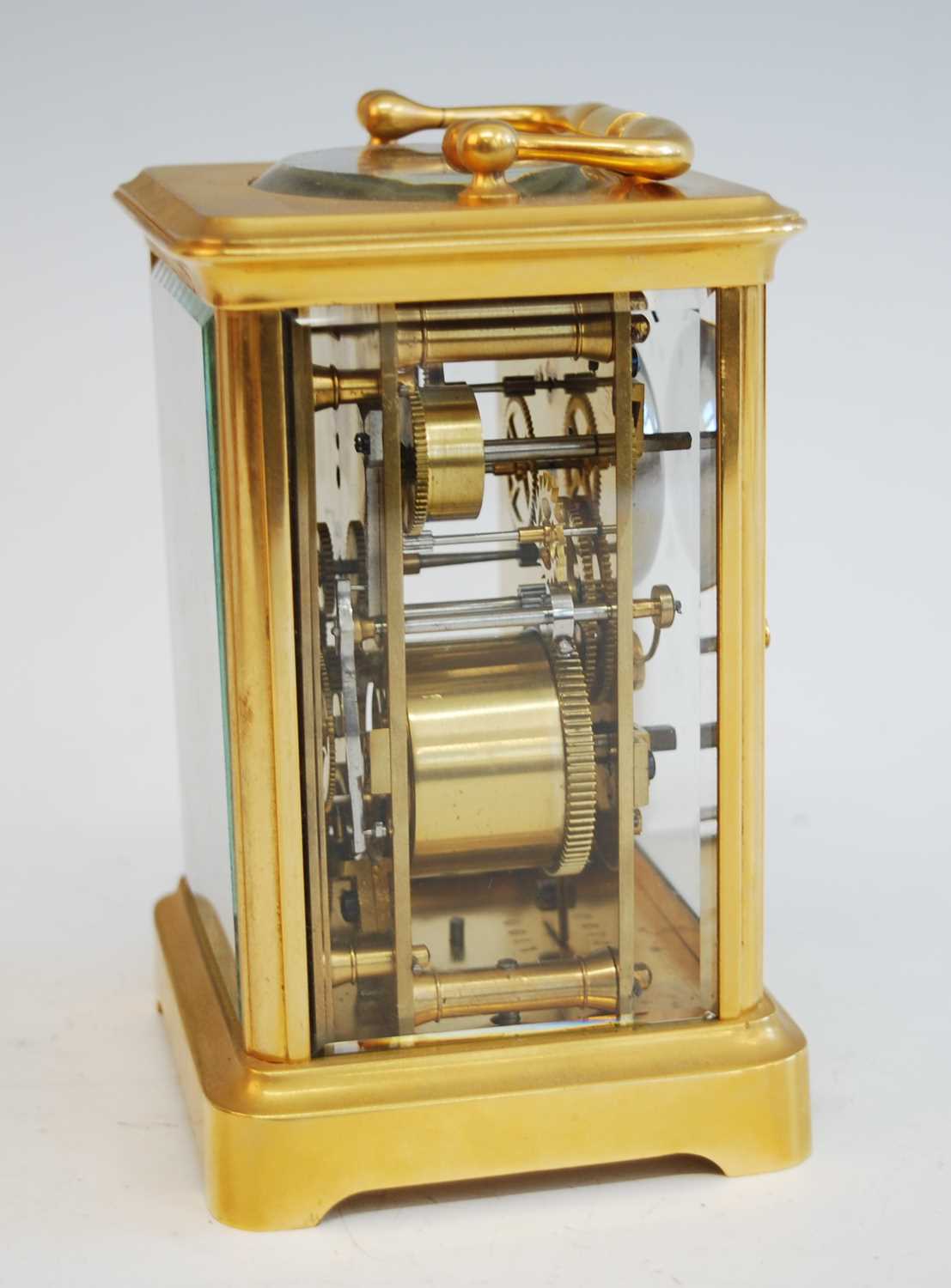 A late 19th century French lacquered brass carriage clock with alarm, having white enamel Roman dial - Image 4 of 6