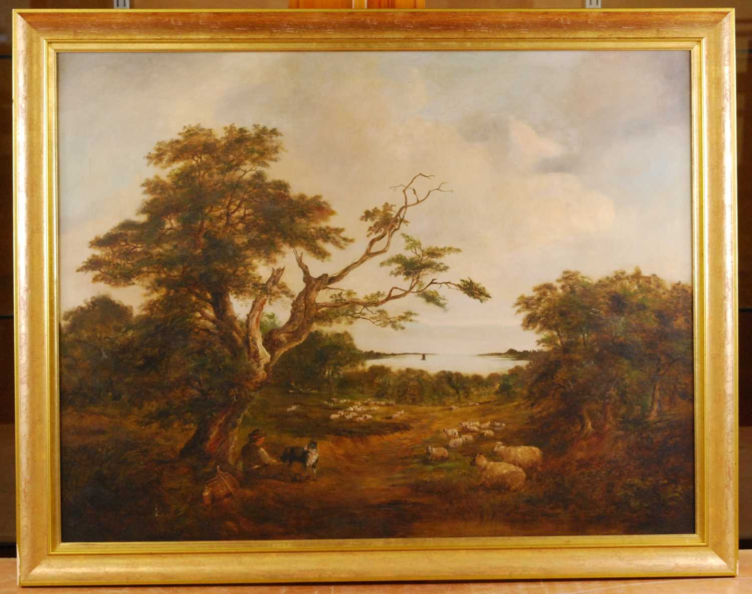 Robert Burrows (1810-1883) - Extensive river landscape with shepherd watching over his flock, oil on - Image 2 of 4