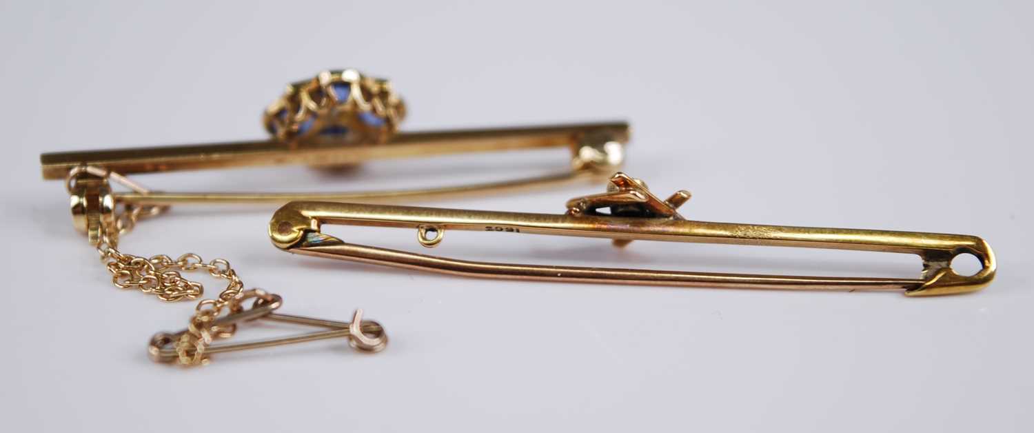 Two bar brooches, being a 9ct yellow gold, sapphire and diamond quatrefoil brooch, the four oval - Image 2 of 2