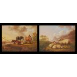Early 19th century English school - Pair; Cattle with herdsman and woman in a landscape, and Sheep