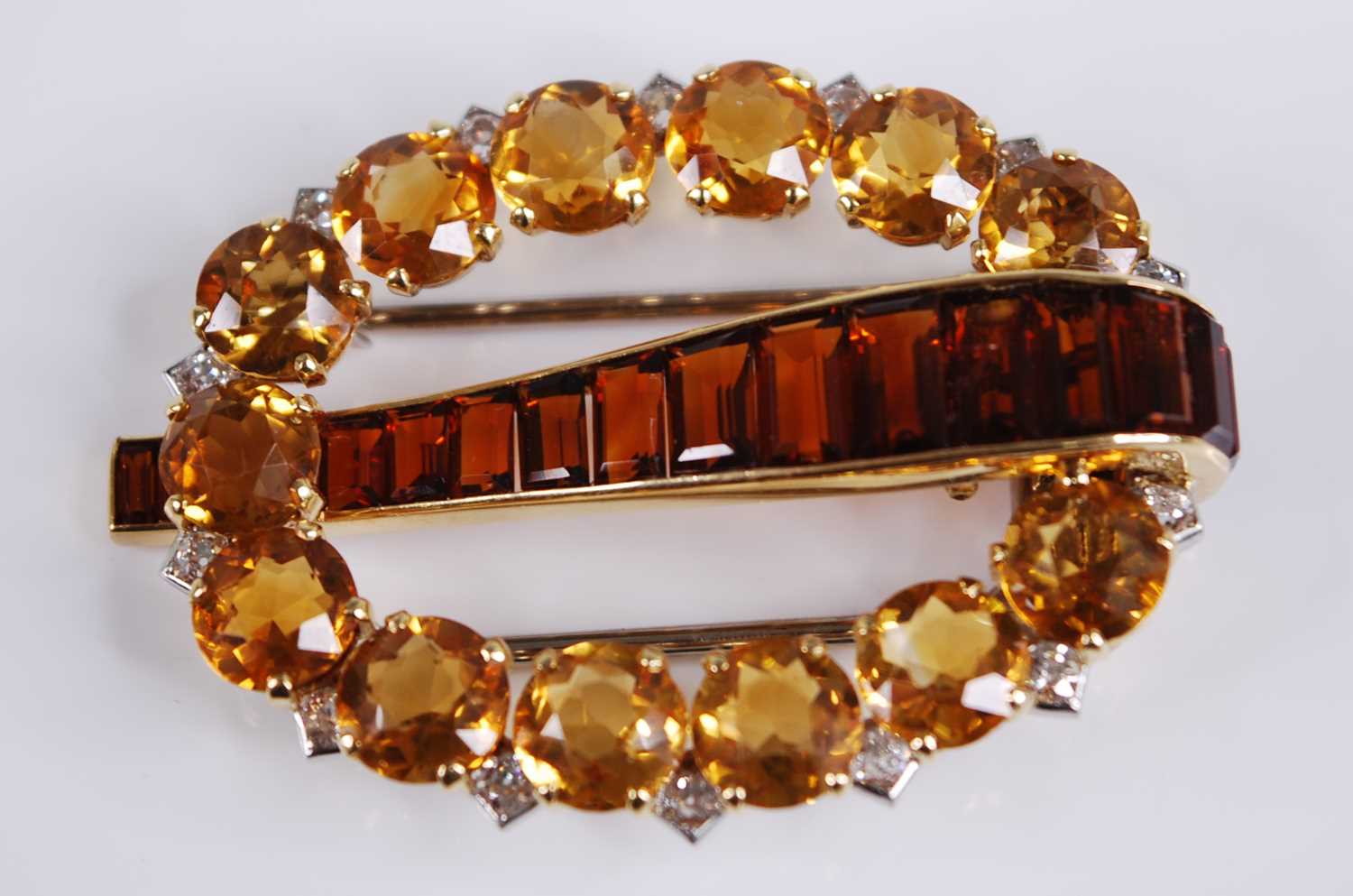A yellow metal signed Cartier London citrine, topaz and diamond clip brooch, comprising a central - Image 2 of 11