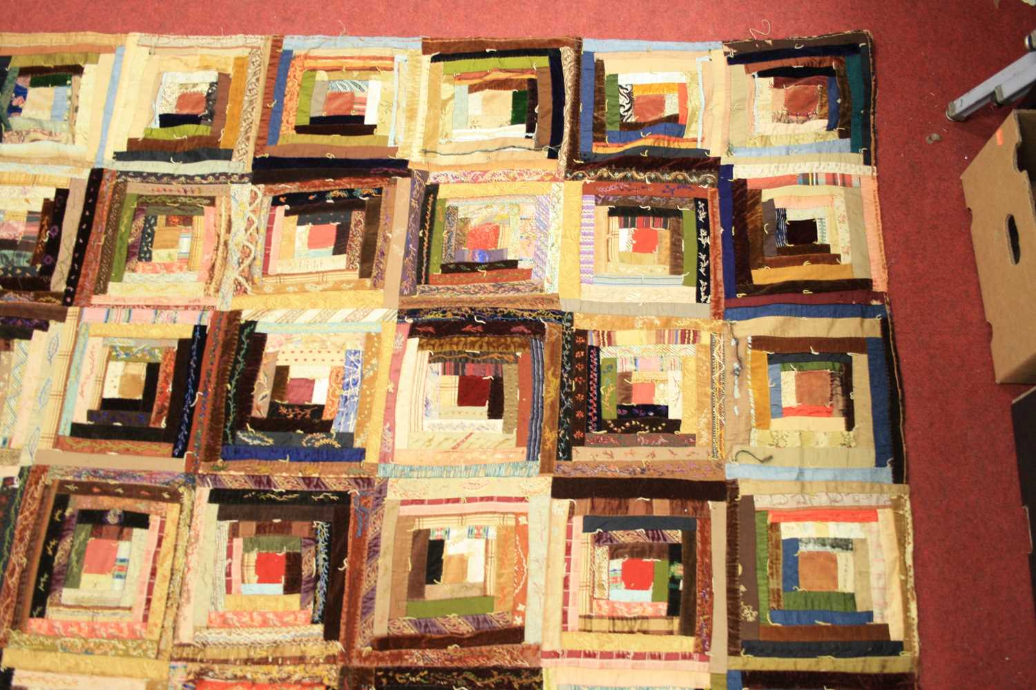 A large Victorian patchwork coverlet, the hand-stitched bed cover in square sections each with - Image 4 of 7
