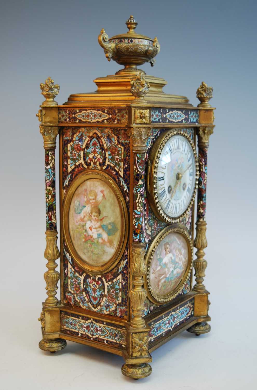 An early 20th century French ormolu and champleve enamel mantel clock, the convex white enamel Roman - Image 5 of 18