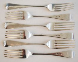 A set of early Victorian silver forks, being six table and six dessert forks, in the Old English