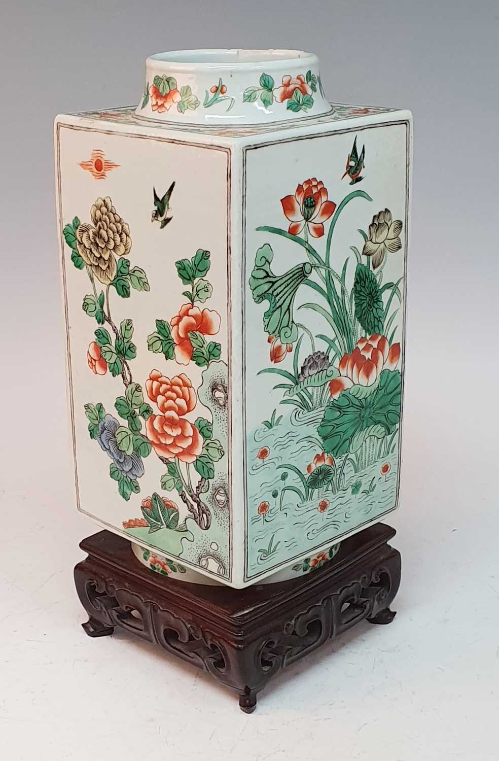 A Chinese Qing dynasty famille verte cong vase, 19th century, of square section, the four sides - Image 2 of 15