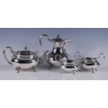 A George V silver four-piece tea and coffee service, each of undecorated oval bombe form, the tea