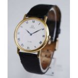 A gent's Omega DeVille 18ct gold cased dress watch, having signed white enamel Roman dial, quartz