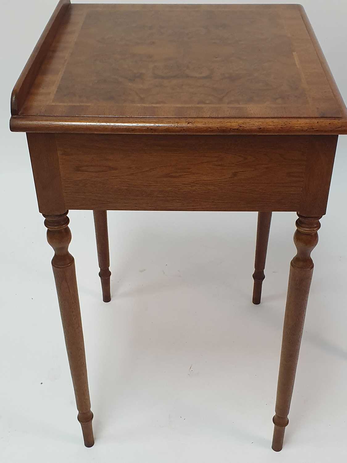 A pair of figured walnut and walnut lamp tables, each having four-quarter veneered cross and feather - Image 3 of 4