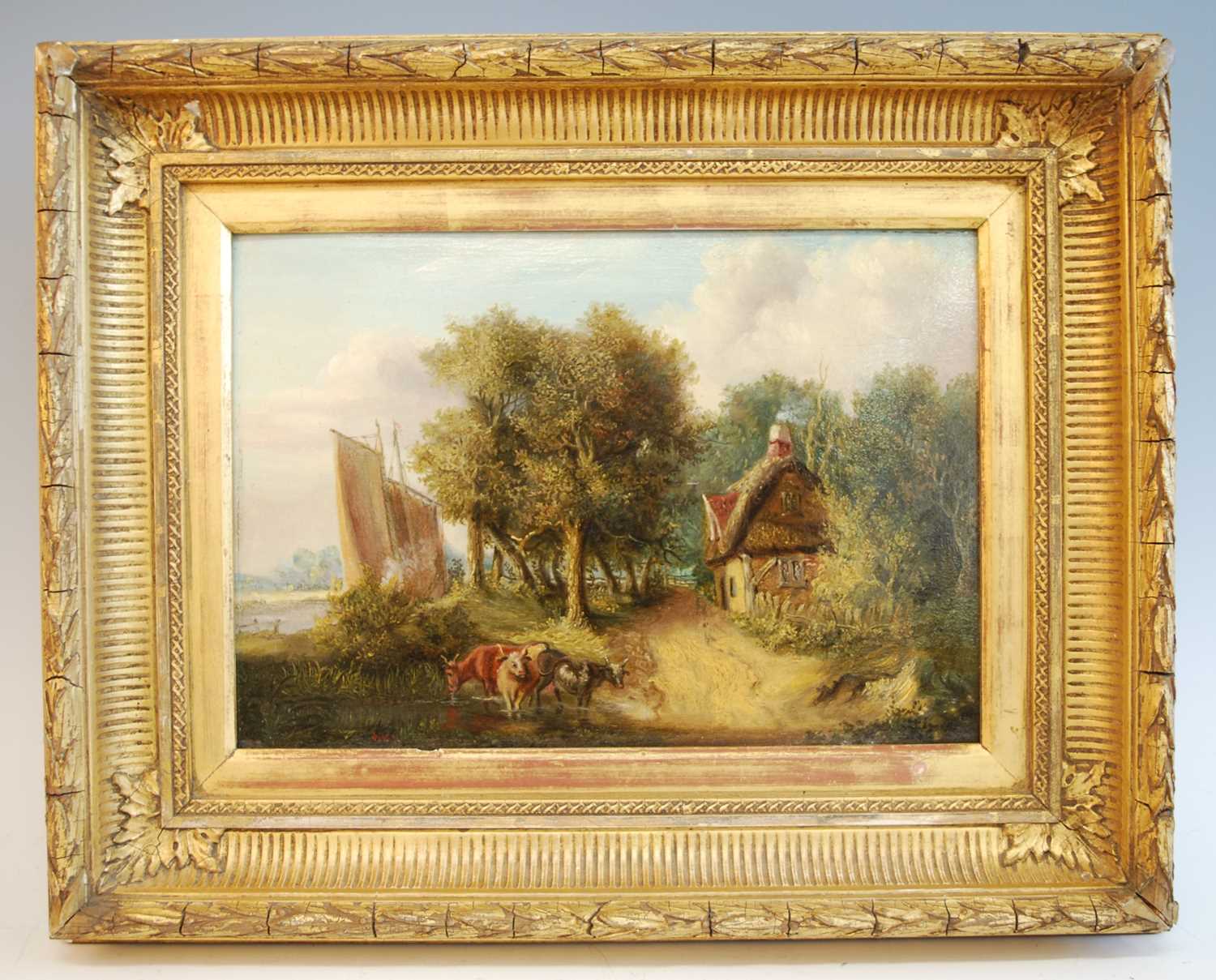 19th century Norwich school - Norfolk landscape with cattle watering and thatched cottage by a